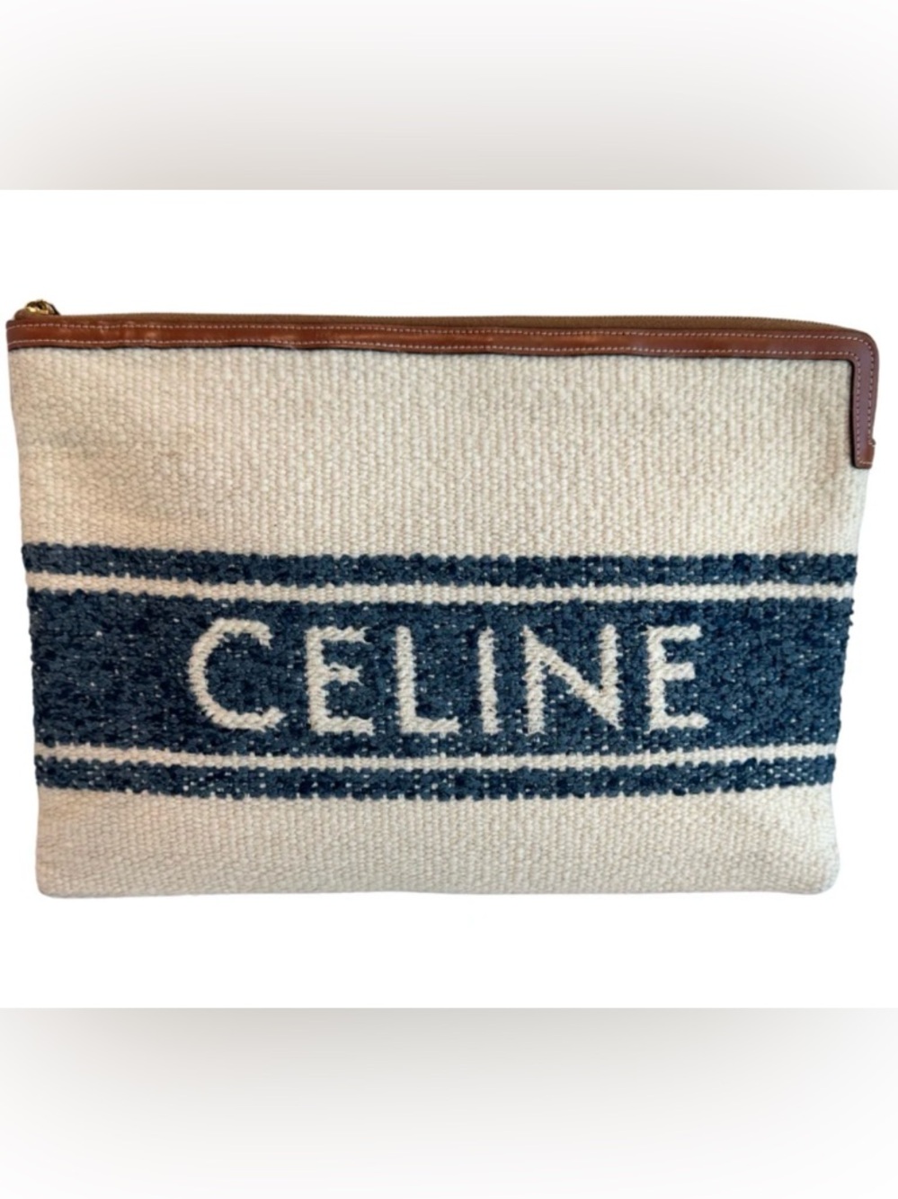 Celine Cream and Navy Logo Clutch